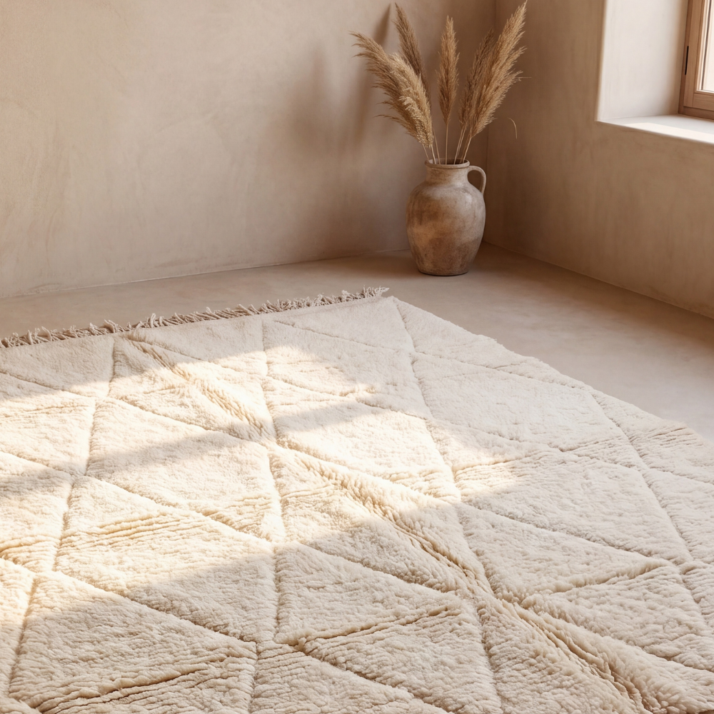 Beni Ourain Moroccan Rug - Minimal Diamond Beige Wool Rug