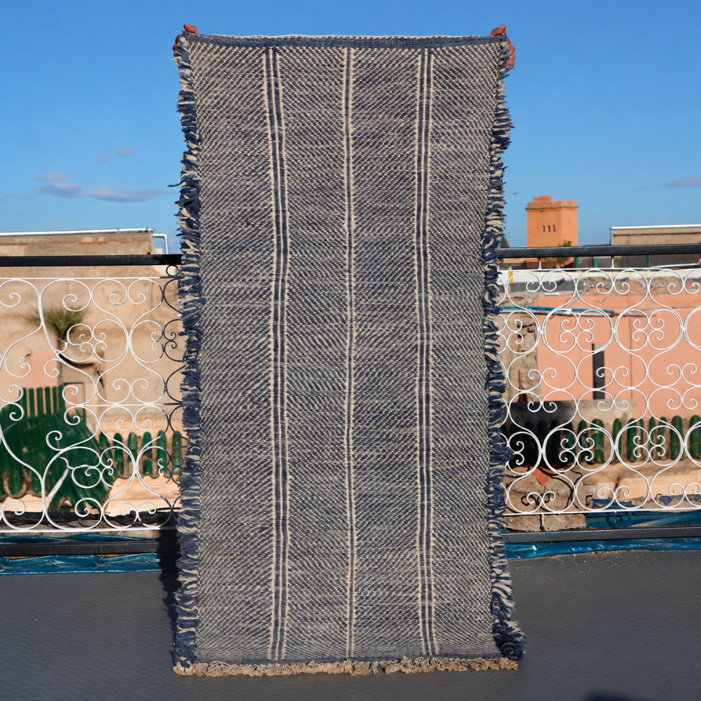 Minimalist Moroccan Zanafi Rug - Handwoven Neutral Wool Flat Weave Carpet