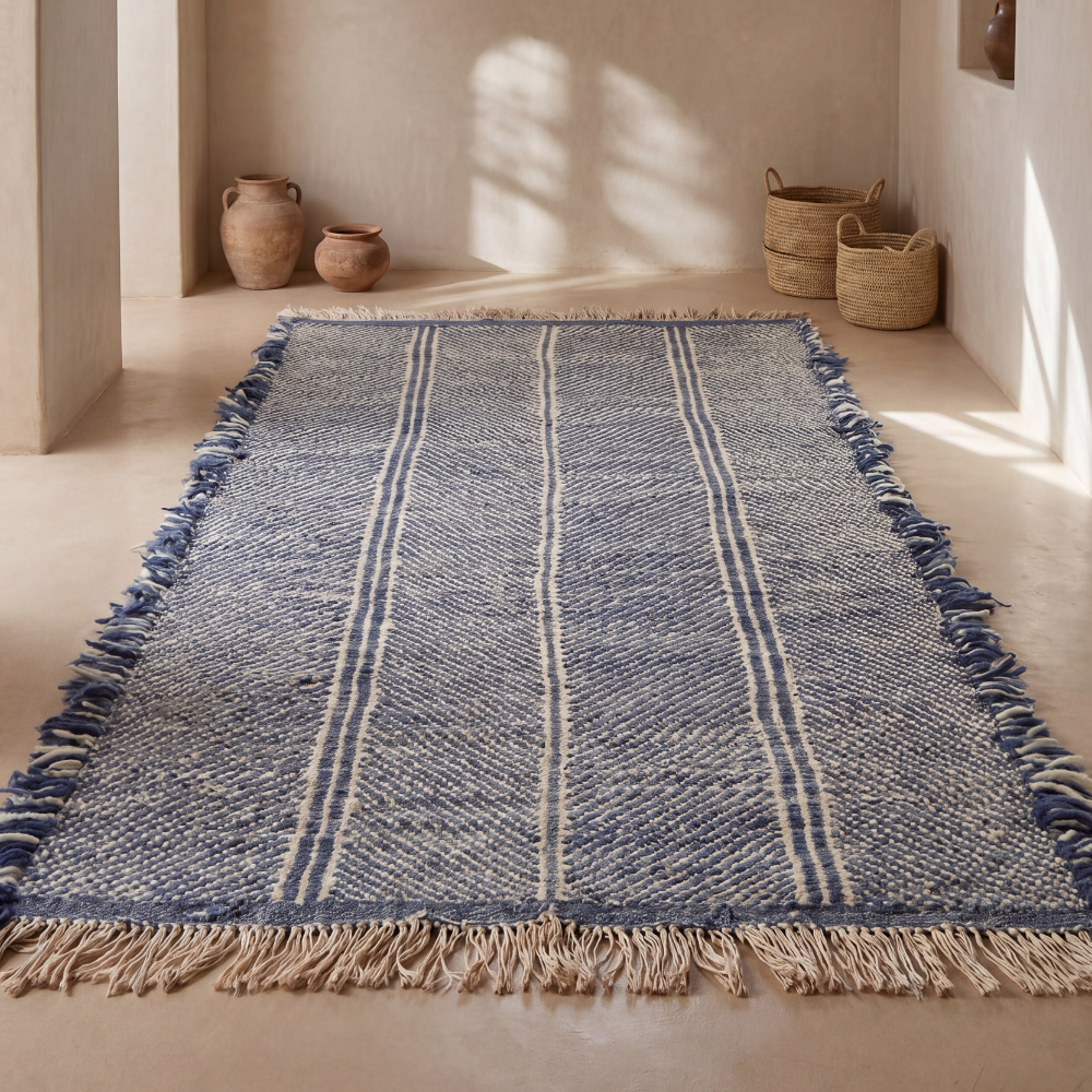 Minimalist Moroccan Zanafi Rug - Handwoven Neutral Wool Flat Weave Carpet