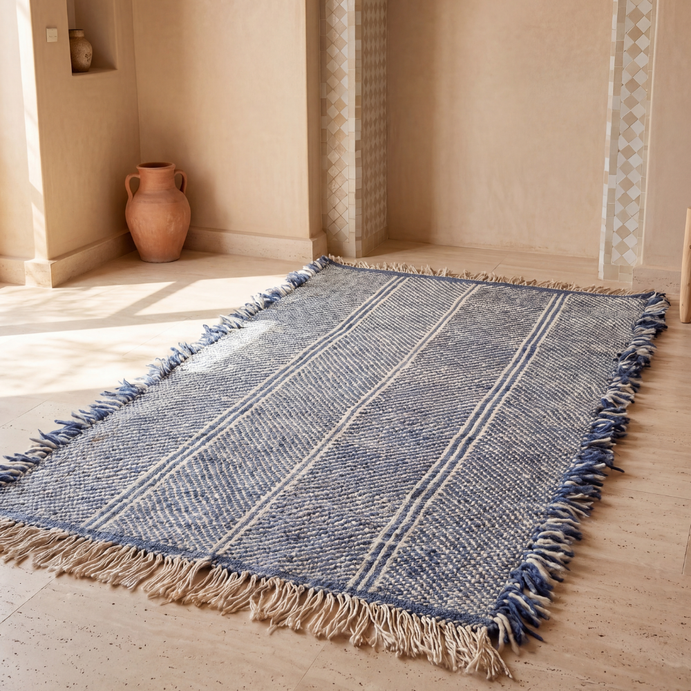 Minimalist Moroccan Zanafi Rug - Handwoven Neutral Wool Flat Weave Carpet