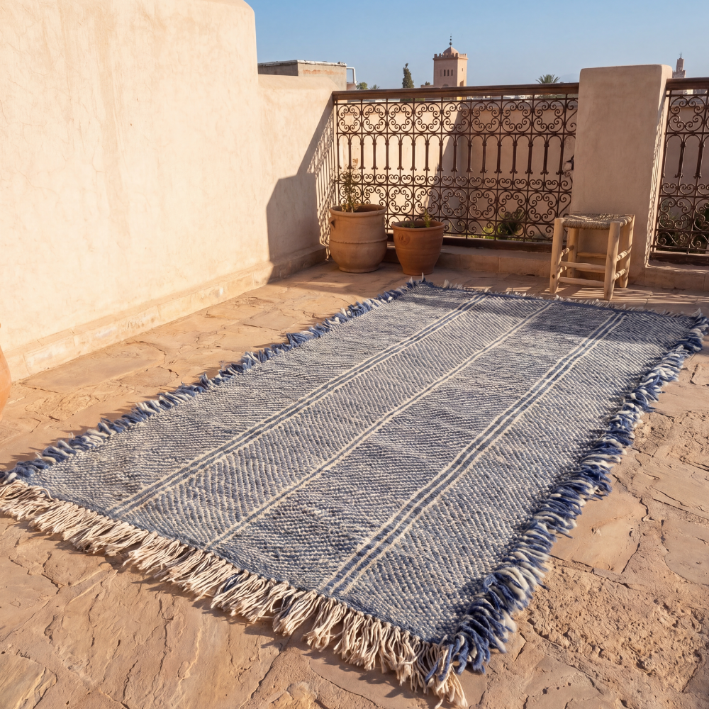 Minimalist Moroccan Zanafi Rug - Handwoven Neutral Wool Flat Weave Carpet