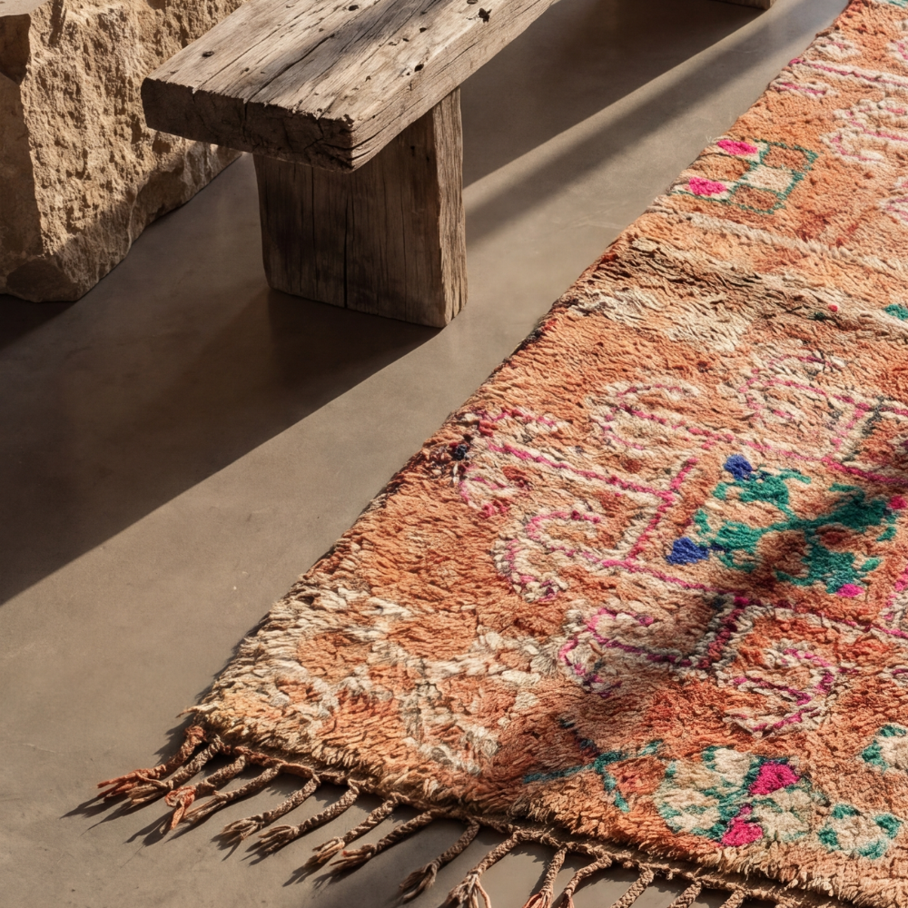 Vintage Boujaad Rug - Faded Tribal Motifs Wool Carpet