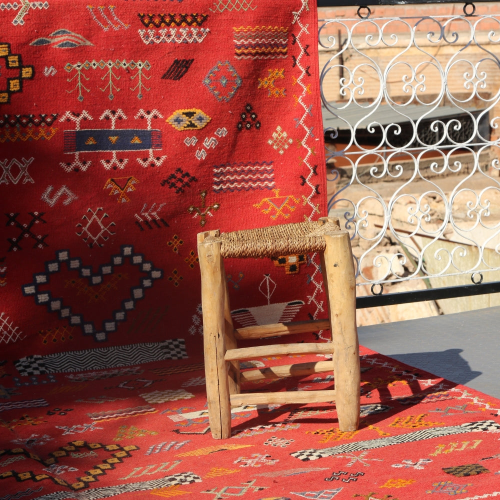 Detail of triple embroidery technique on red Aknif wool rug