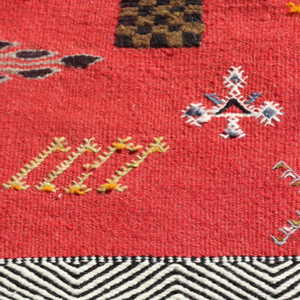 Close up of embroidered patterns on red Aknif flatweave rug
