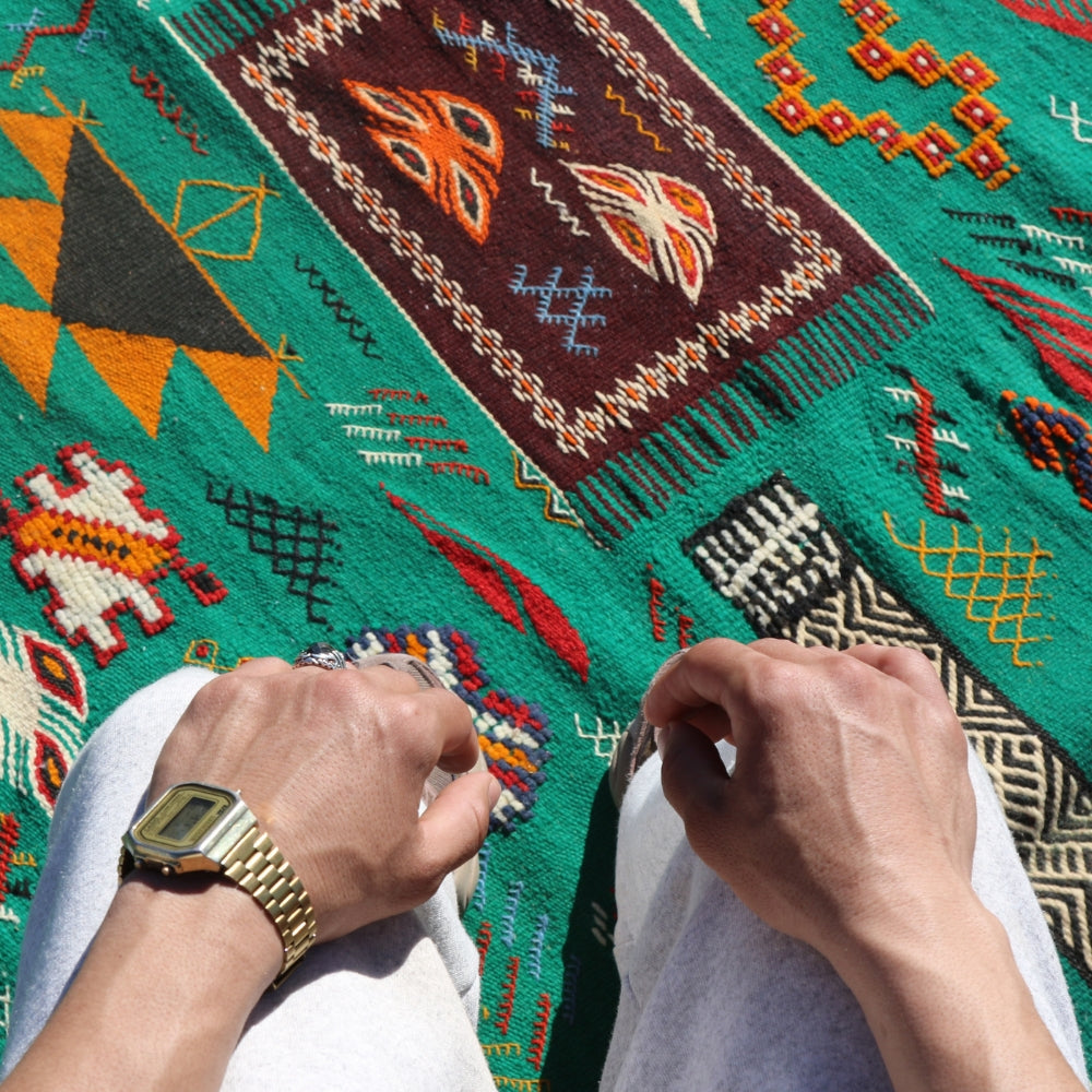 Moroccan Aknif rug with flatweave structure and traditional hand embroidery