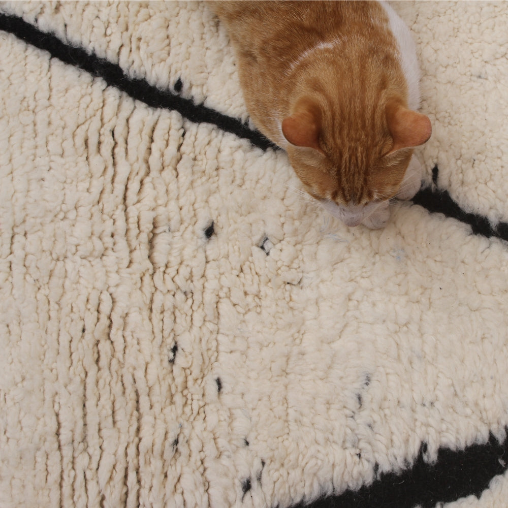 Orange cat lying on a textured white and black Beni Ouarain Diamond Pattern rug