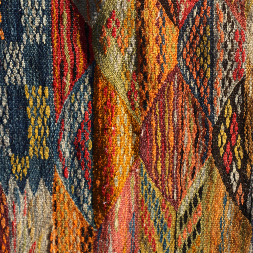 Close-up of a colorful patterned fabric with intricate designs.