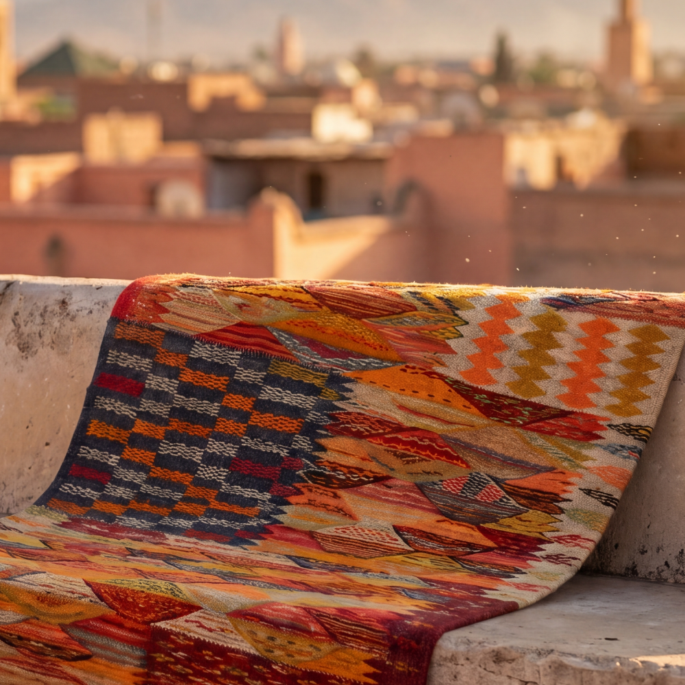 Folded Berber Picasso rug showcasing intricate Moroccan flatweave craftsmanship and tribal patterns