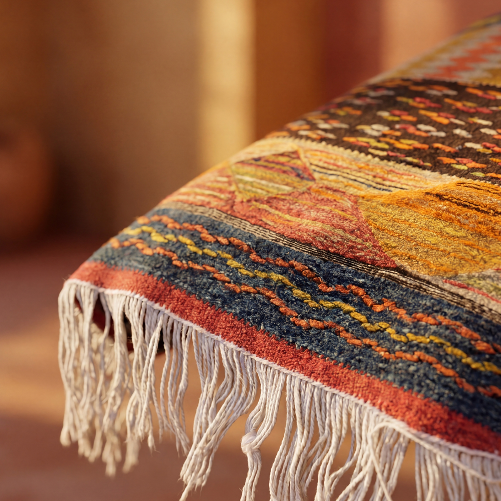 Detailed edge of Berber Picasso wool rug highlighting handcrafted Moroccan weaving and fringe finish
