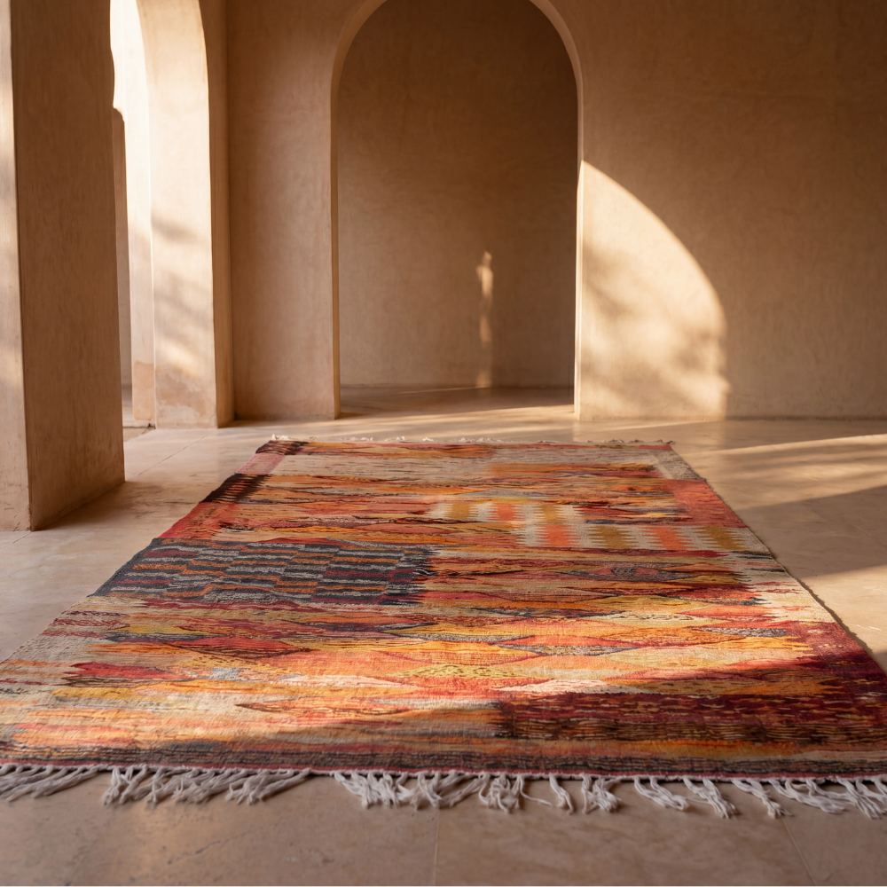 Colorful Moroccan flatweave rug styled in adobe-inspired interior with artistic tribal composition