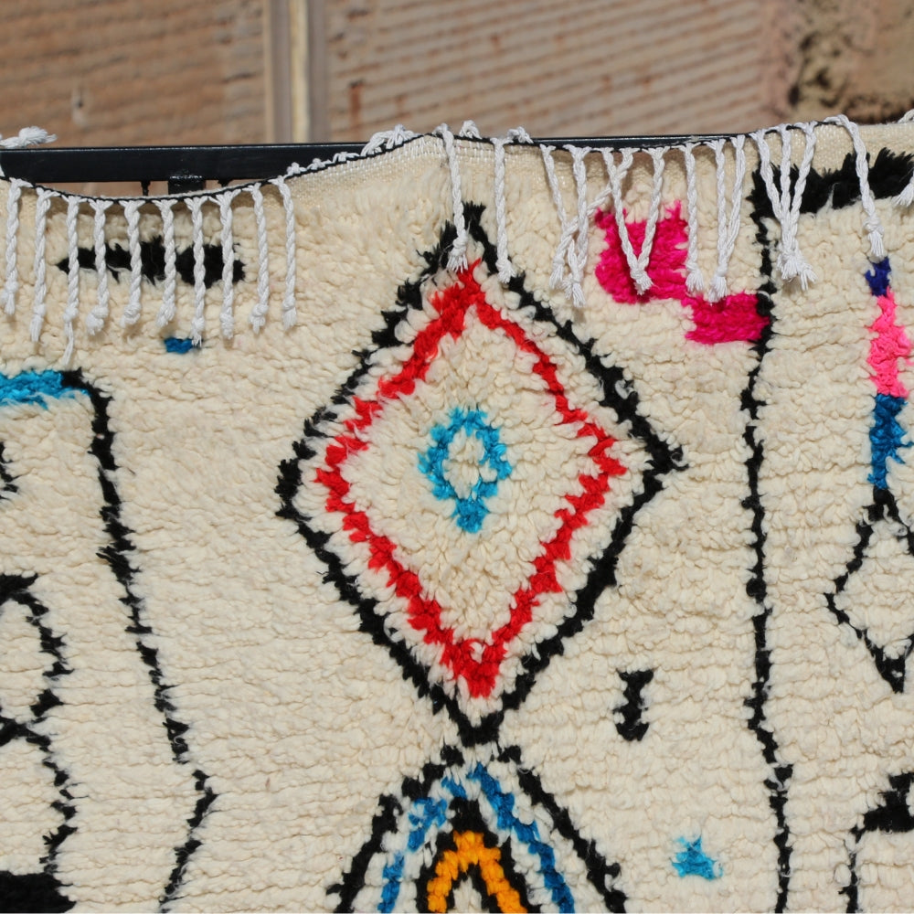 Abstract berber patterns on contemporary Azilal rug, handwoven wool with freeform lines and bold colors