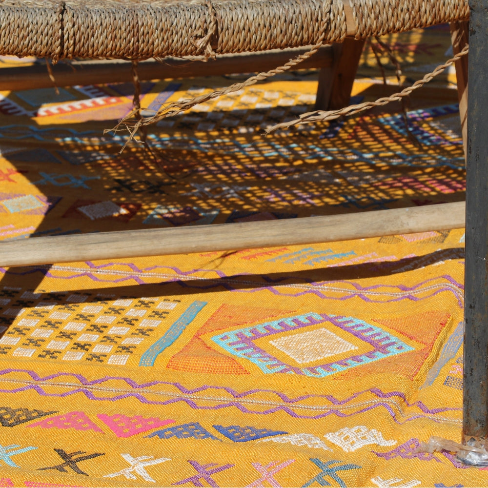 Graphic Moroccan flatweave rug made from natural cactus silk, artisan craftsmanship