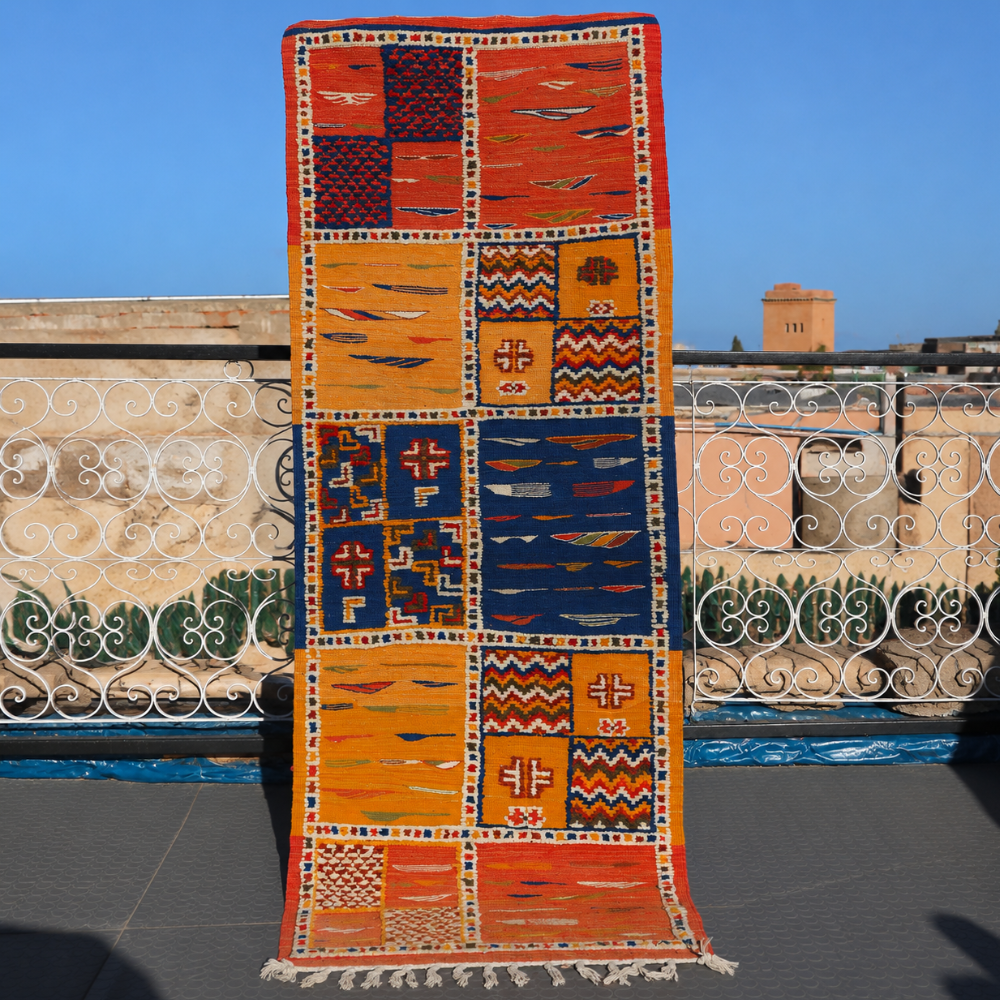 Berber Picasso Taznakht rug with colorful geometric Moroccan motifs handwoven in artisan wool