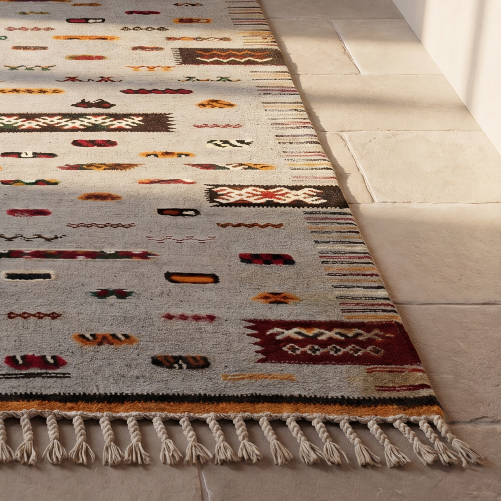 Tribal Moroccan flatweave rug with geometric Berber patterns and handcrafted wool texture