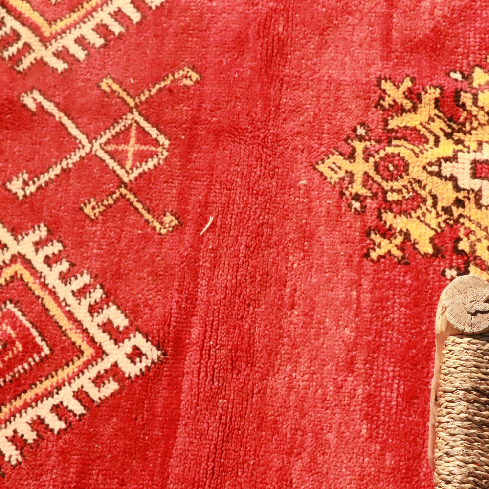 Detail of traditional Berber geometric motifs Vintage red Beni M’Guild rug