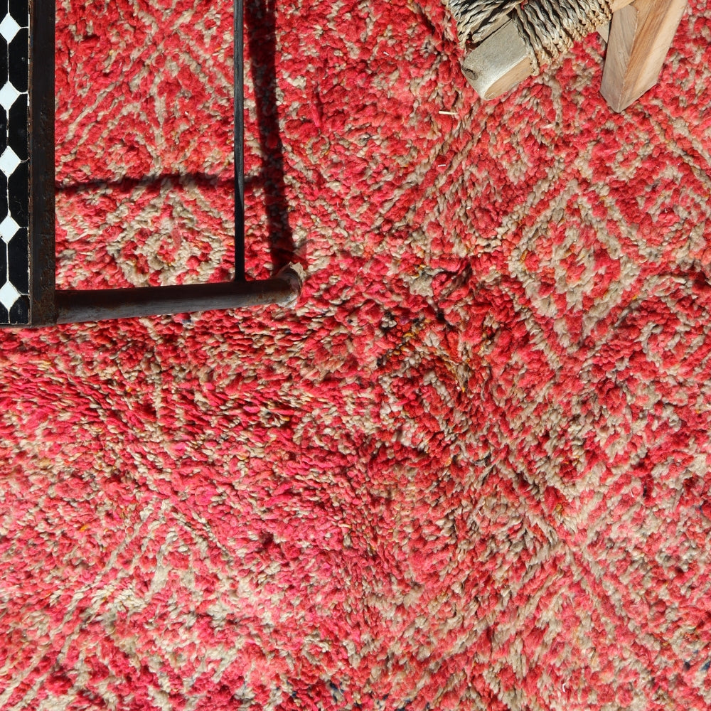 Handwoven Moroccan Boujaad rug in rich red tones, vintage berber wool rug with tribal geometric design