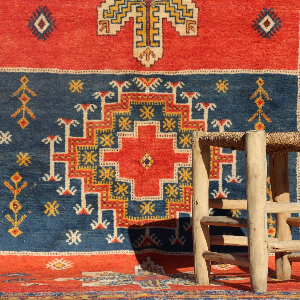 Detail of geometric Berber motifs on Moroccan Taznakht vintage rug