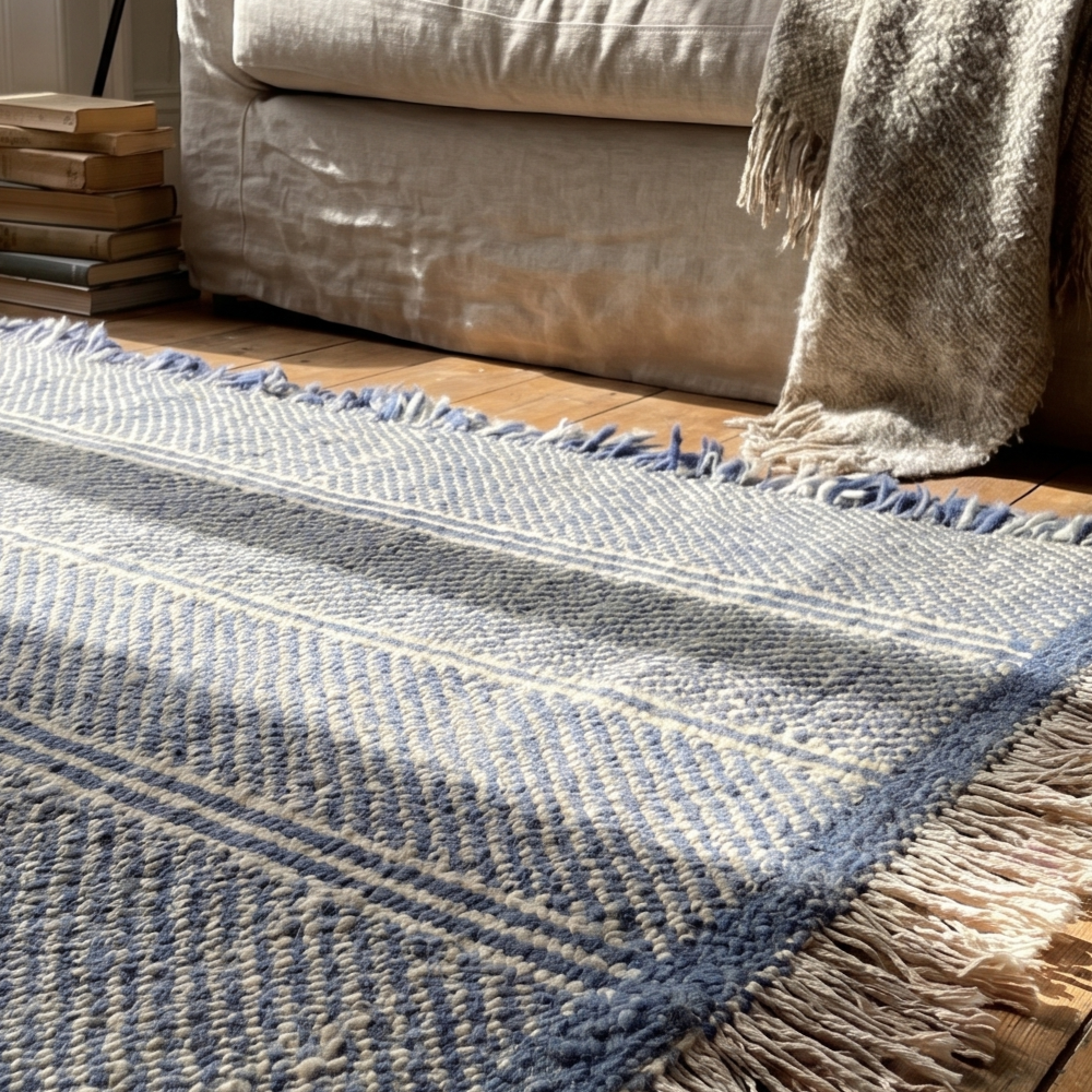 Minimalist Moroccan Zanafi Rug - Handwoven Neutral Wool Flat Weave Carpet