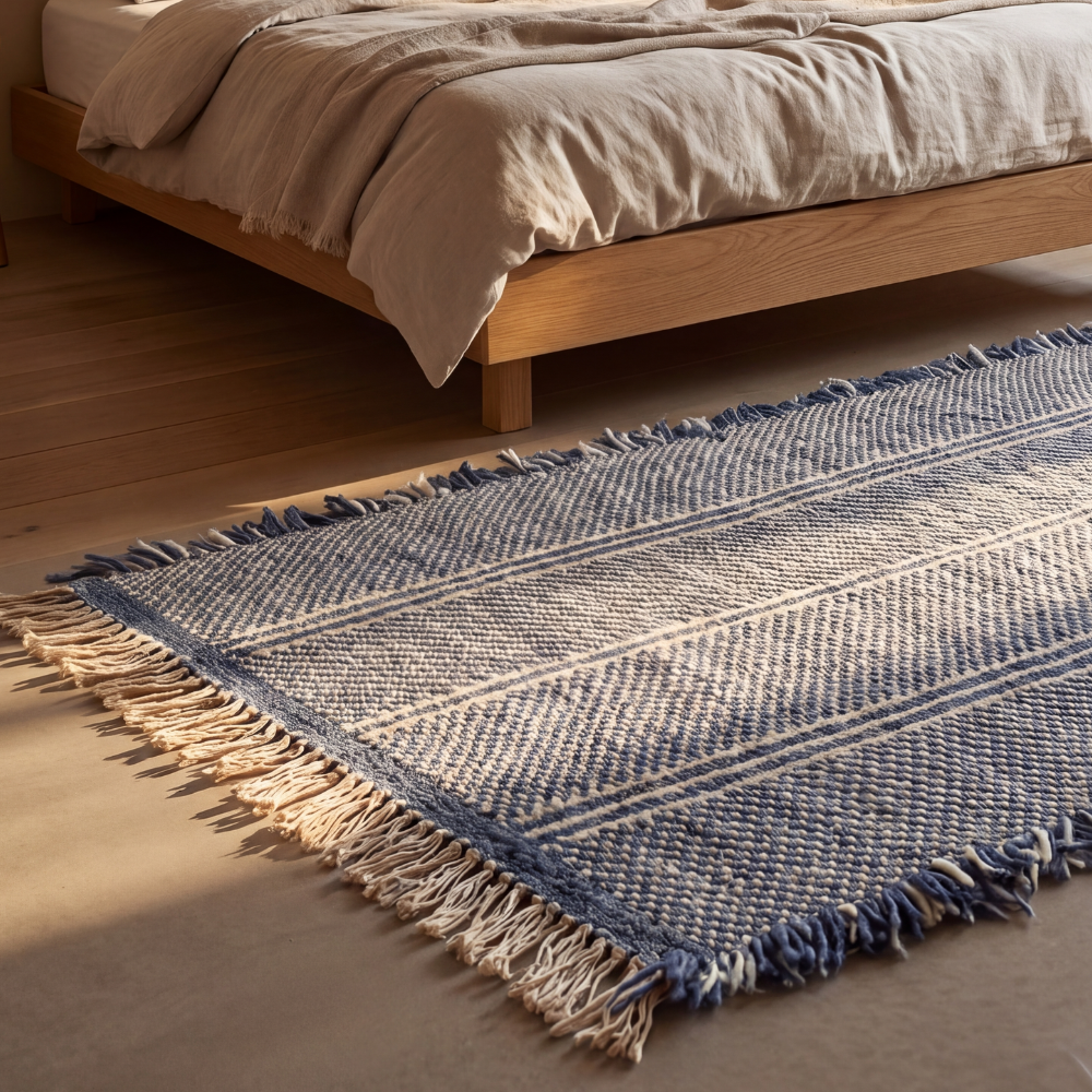 Minimalist Moroccan Zanafi Rug - Handwoven Neutral Wool Flat Weave Carpet