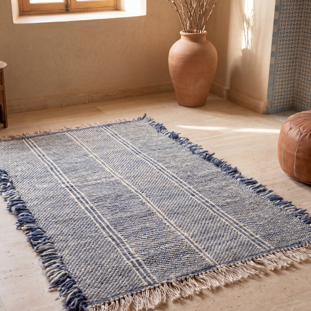 Minimalist Moroccan Zanafi Rug - Handwoven Neutral Wool Flat Weave Carpet