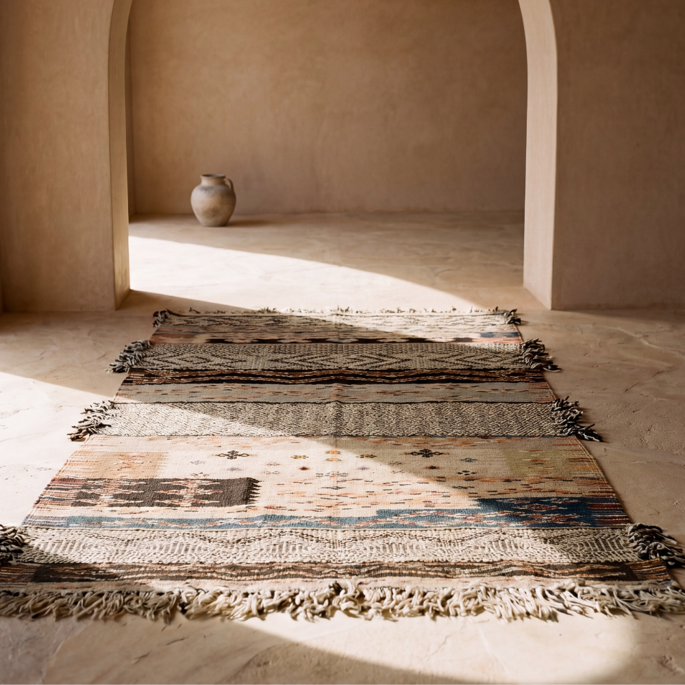 Akhnif Three Technique Rug - Flat Weave Berber Wool Rug