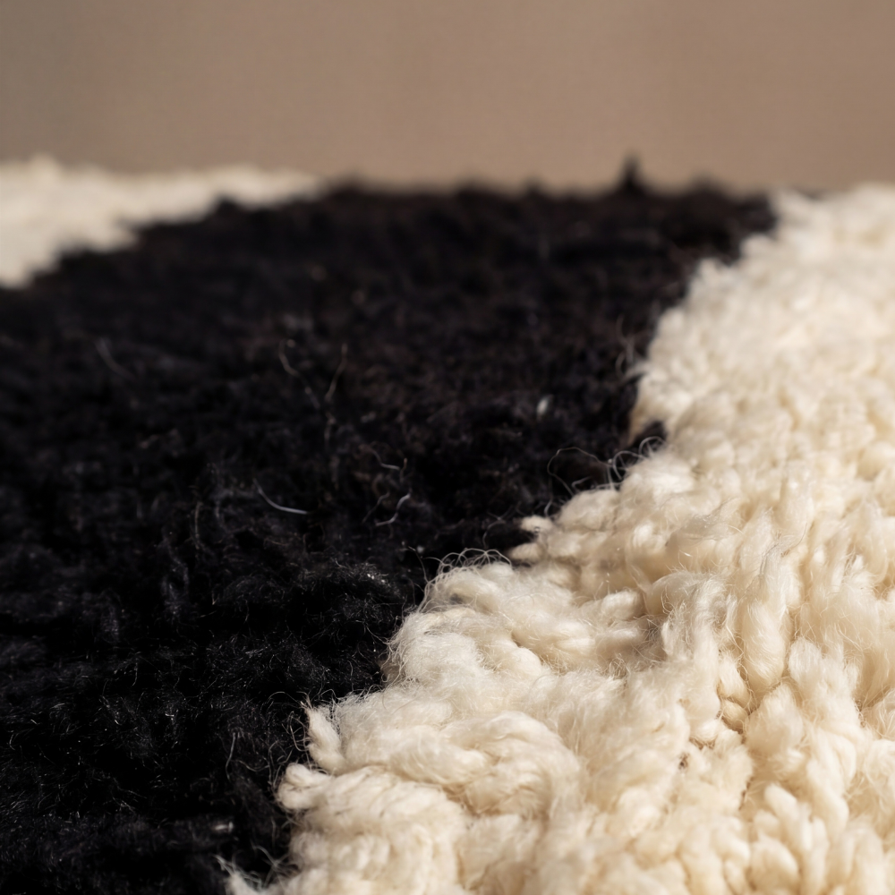 Minimalist Beni Ourain Moroccan Rug - Black Ivory Wool Piece