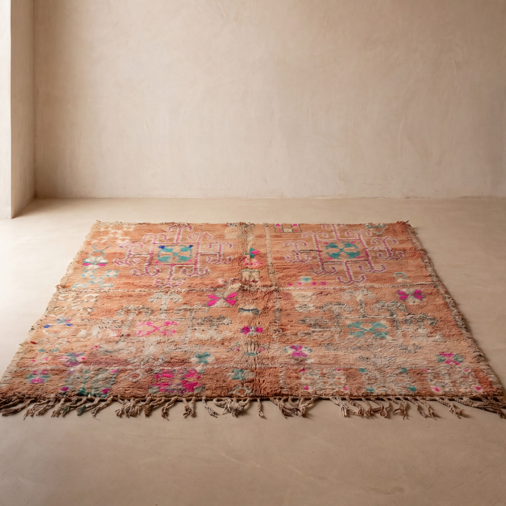 Vintage Boujaad Rug - Faded Tribal Motifs Wool Carpet