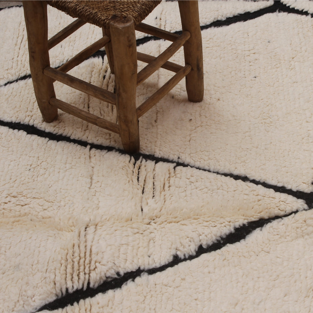 Close-up of a textured Moroccan rug with a wooden chair leg on a geometric patterned rug.