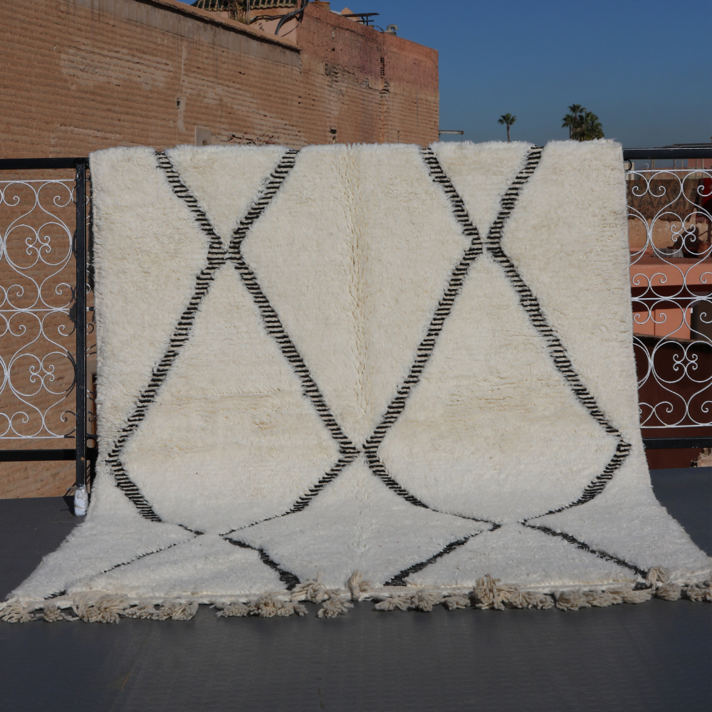 beni ourain moroccan rug ivory wool black diamond pattern