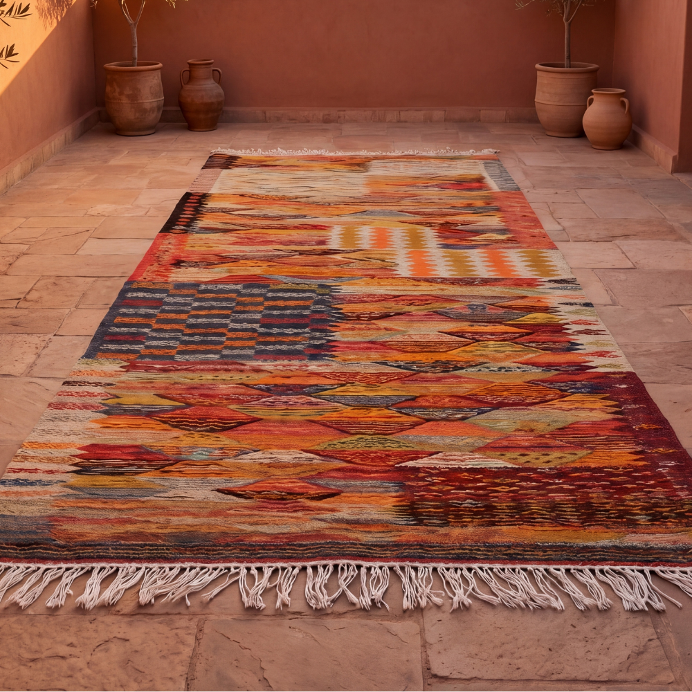 Minimalist Moroccan interior featuring vibrant Taznakht flatweave carpet with artistic Berber design