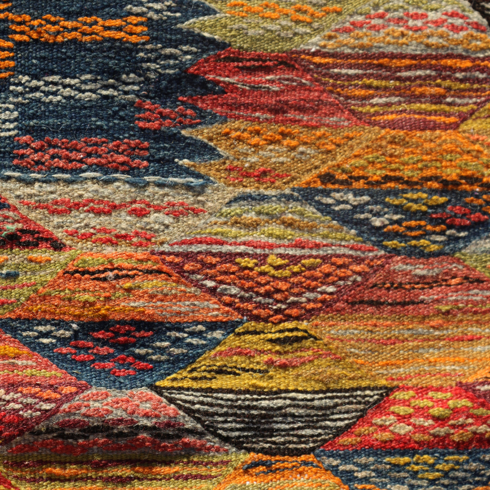 Close-up of abstract Berber Picasso rug showcasing colorful Moroccan woven wool craftsmanship