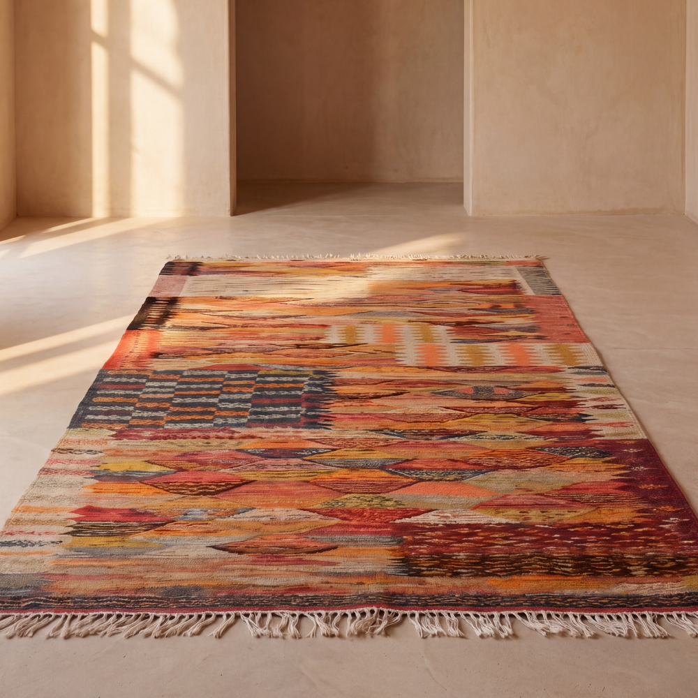 Abstract Taznakht Moroccan rug styled in warm minimalist interior with earthy sunset tones