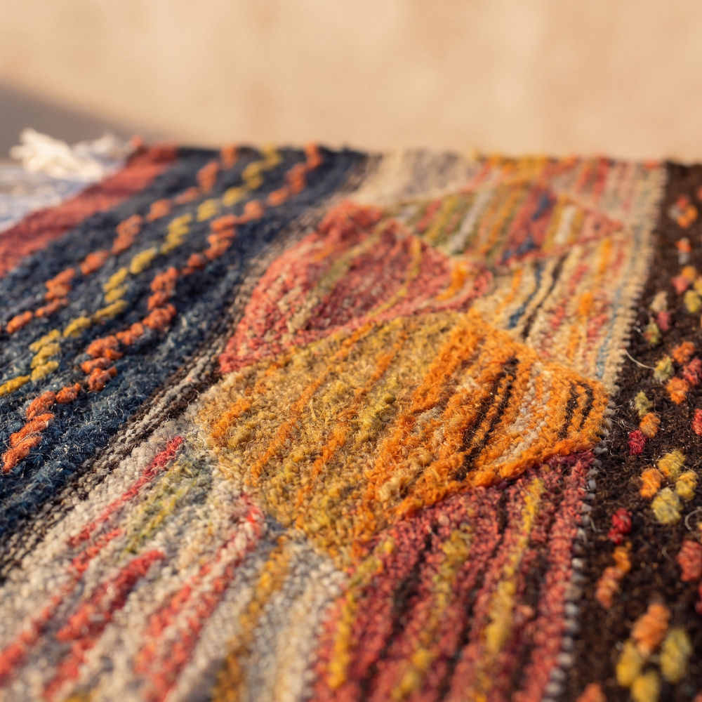 Close-up texture of colorful Moroccan Berber rug with artisan woven wool details and rich patterns
