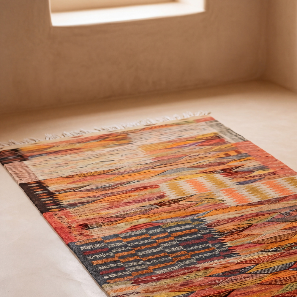 Modern Taznakht Berber rug in warm neutral interior with handcrafted wool geometric patterns