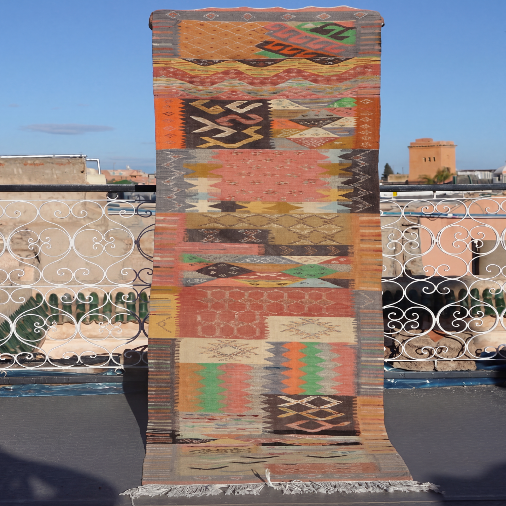 Mosaic Taznakht rug with colorful tribal Moroccan motifs handwoven in artisan wool