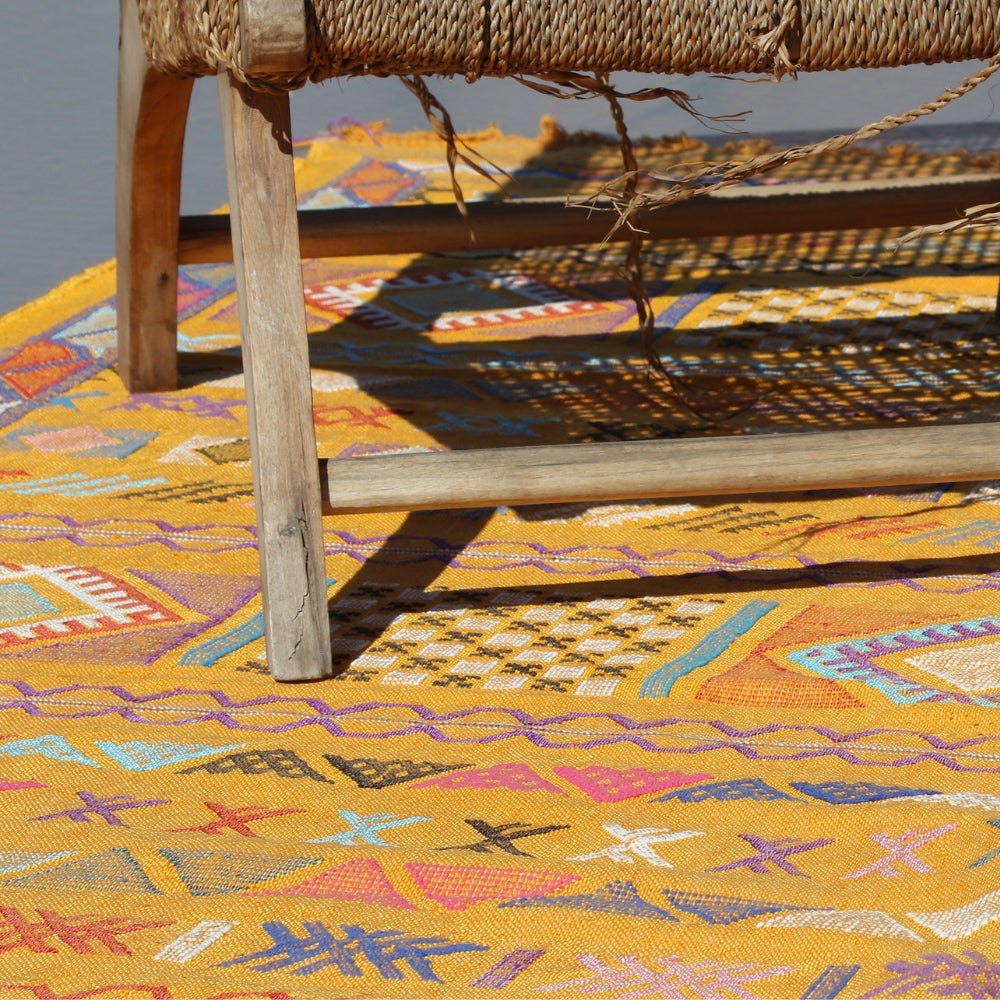 Sabra cactus silk flatweave rug handcrafted in Marrakech region, Berber geometric design