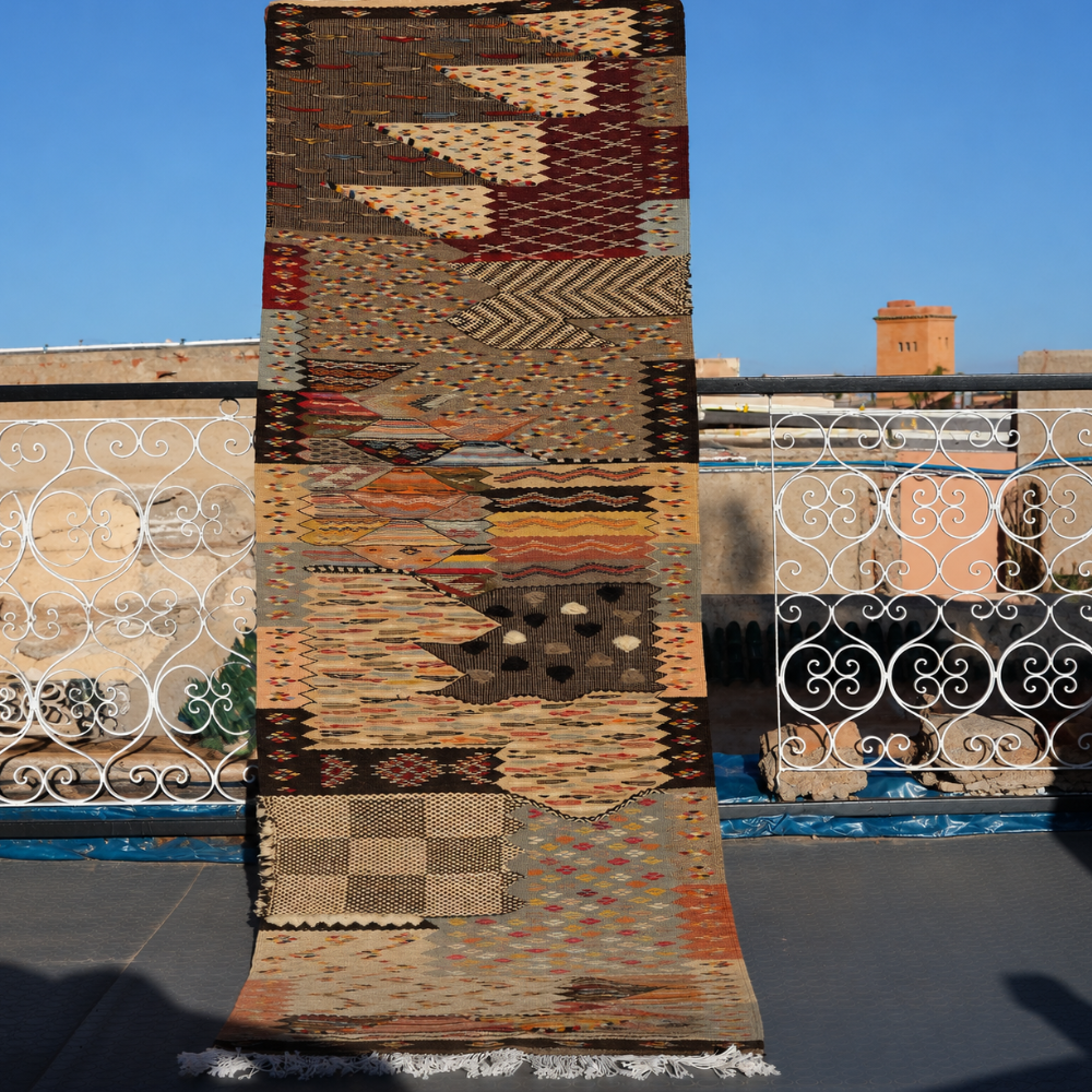Mosaic Taznakht rug with tribal Moroccan patchwork motifs handwoven in textured wool
