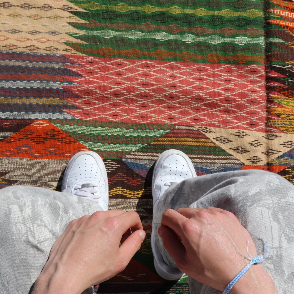 One of a kind Taznakht Moroccan rug, lightweight wool flatweave