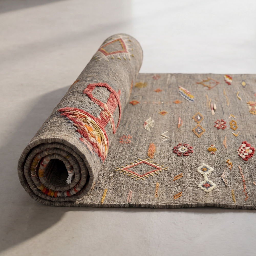 Rolled Moroccan Akhnif wool rug featuring handcrafted tribal Berber patterns