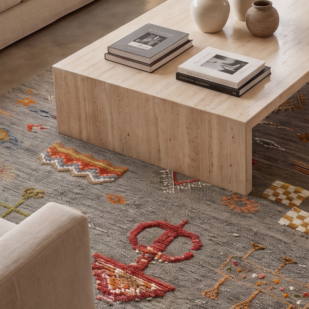 Minimalist interior styled with artisan Akhnif Moroccan rug in warm earthy palette