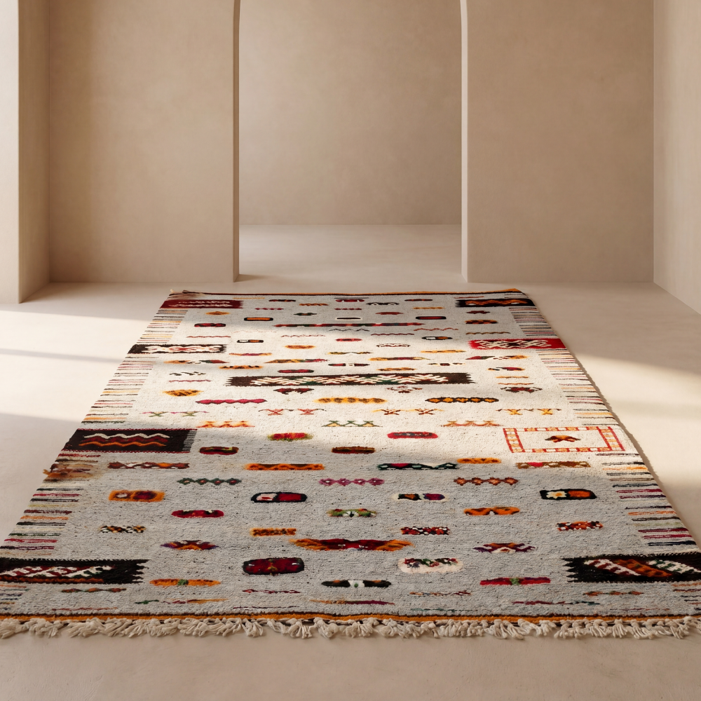 Handwoven Moroccan Akhnif rug photographed in minimalist adobe-inspired interior setting