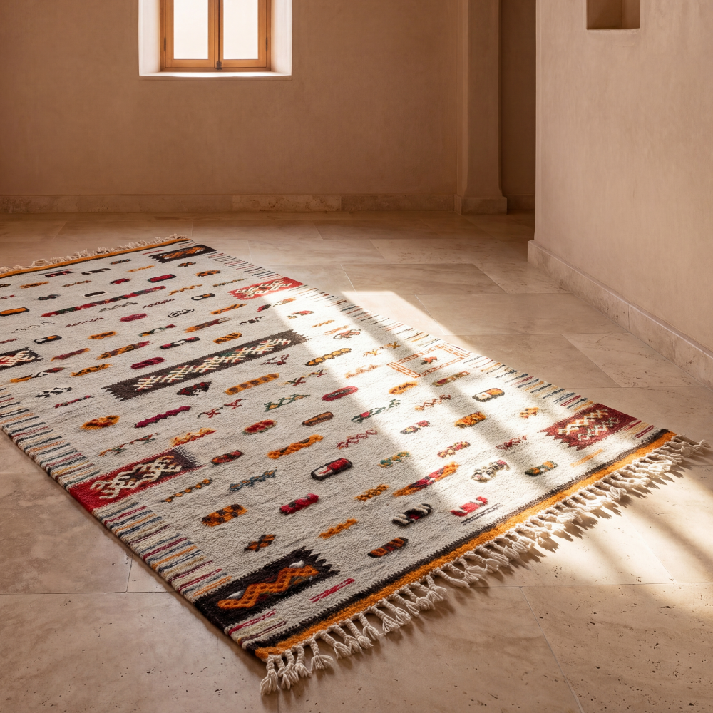Minimalist Akhnif flatweave rug styled in warm earthy interior with natural Moroccan light