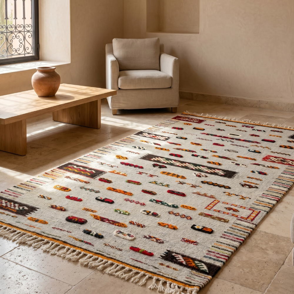 Large Moroccan flatweave rug styled in organic modern living room with warm neutral decor